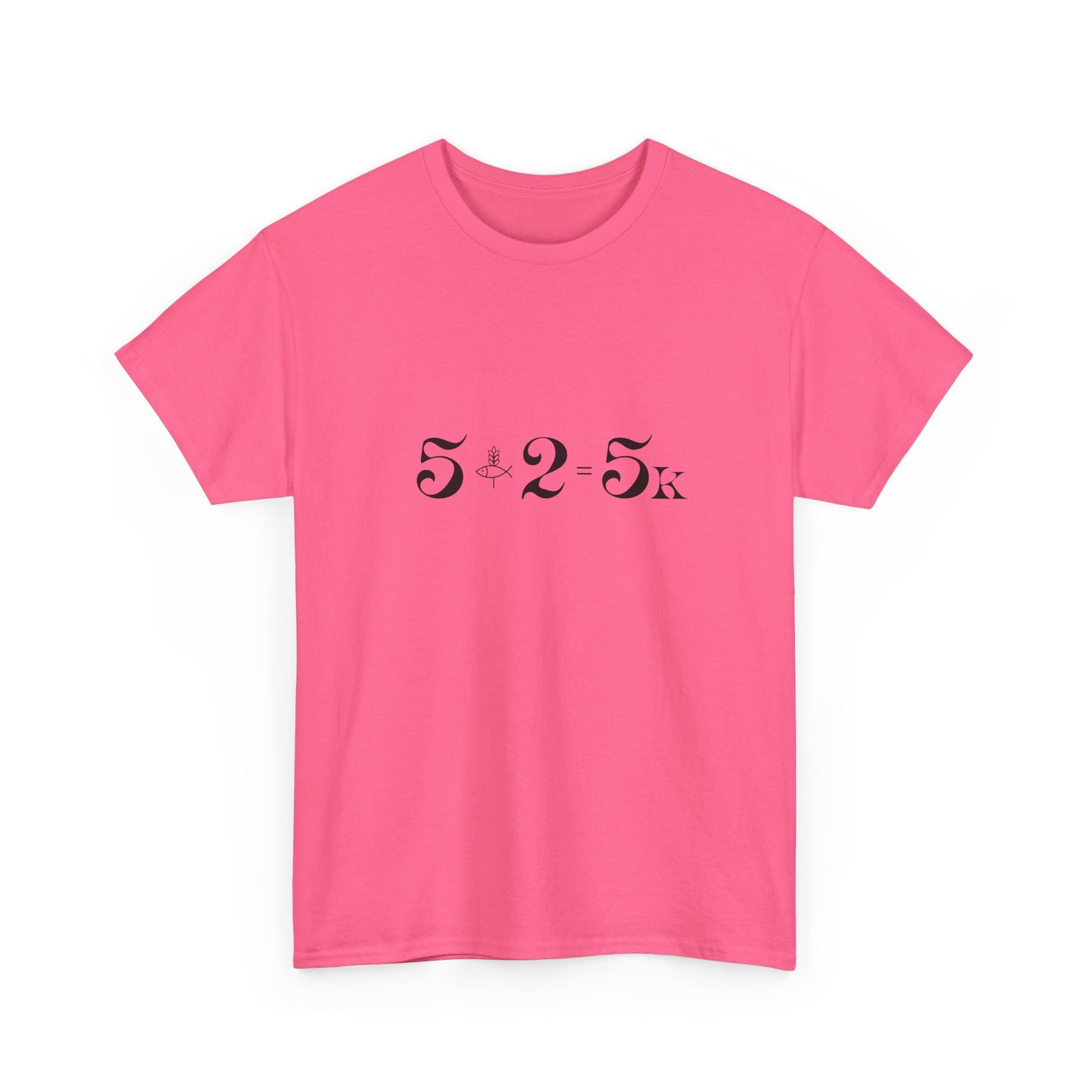 Minimalist Coral Silk miracle t-shirt with 5.2.5k design, 5 loaves and 2 fish biblical illustration, modern faith apparel.