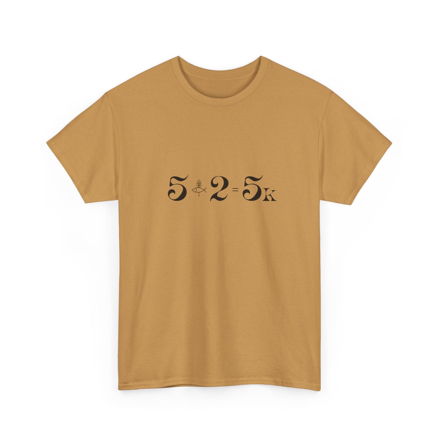 5.2.5k biblical miracle t-shirt in Old Gold, rugged minimalist faith design by Nagilabo.