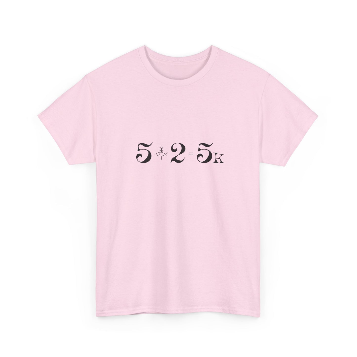 Minimalist 5+2=5K miracle equation typography on a light pink t-shirt representing Jesus feeding the five thousand