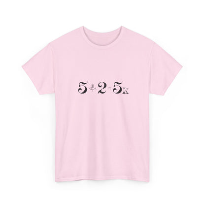 Minimalist 5+2=5K miracle equation typography on a light pink t-shirt representing Jesus feeding the five thousand