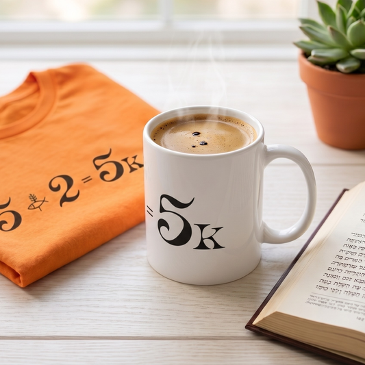 
Miracle equation minimalist scripture coffee mug on a wooden desk next to an orange t-shirt and open book  
