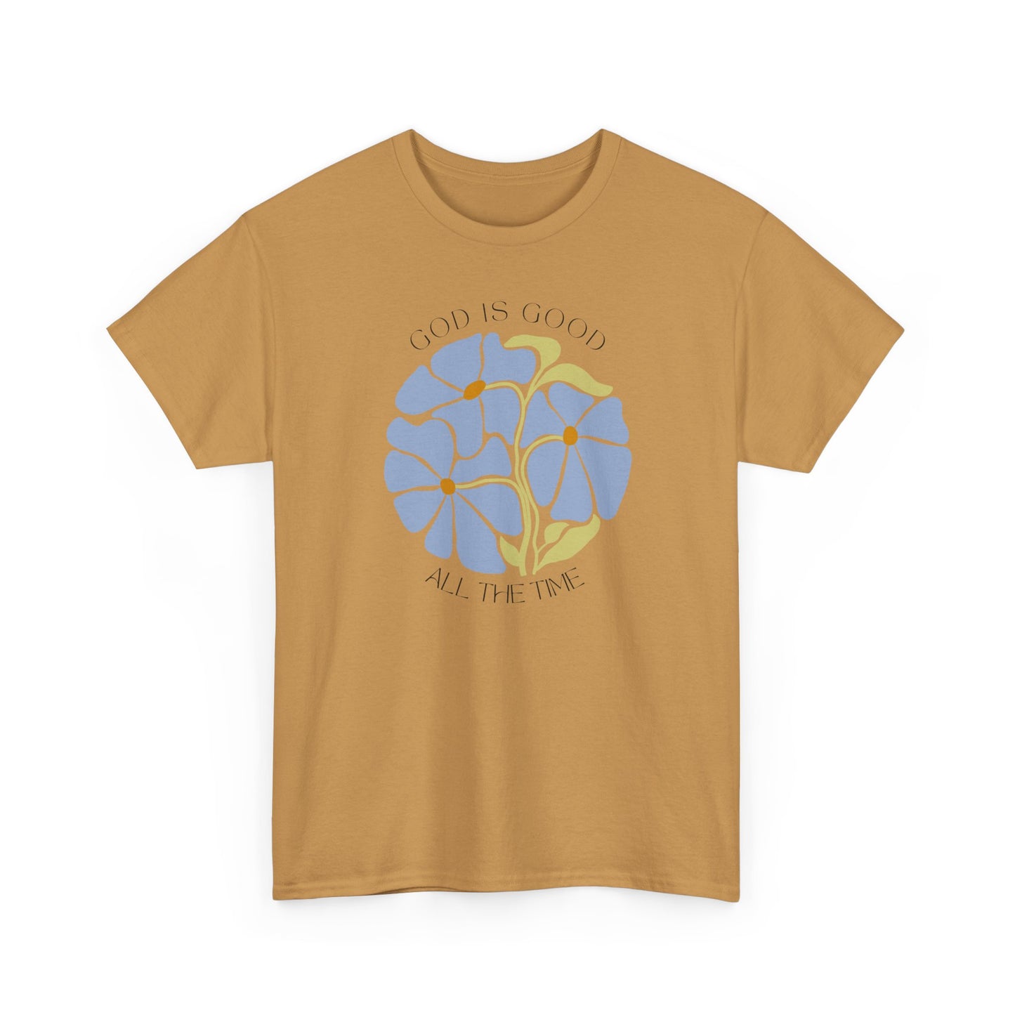 Blue Floral Christian t-shirt in Old Gold, God is good all the time design, Nagilabo faith collection.