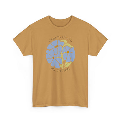 Blue Floral Christian t-shirt in Old Gold, God is good all the time design, Nagilabo faith collection.