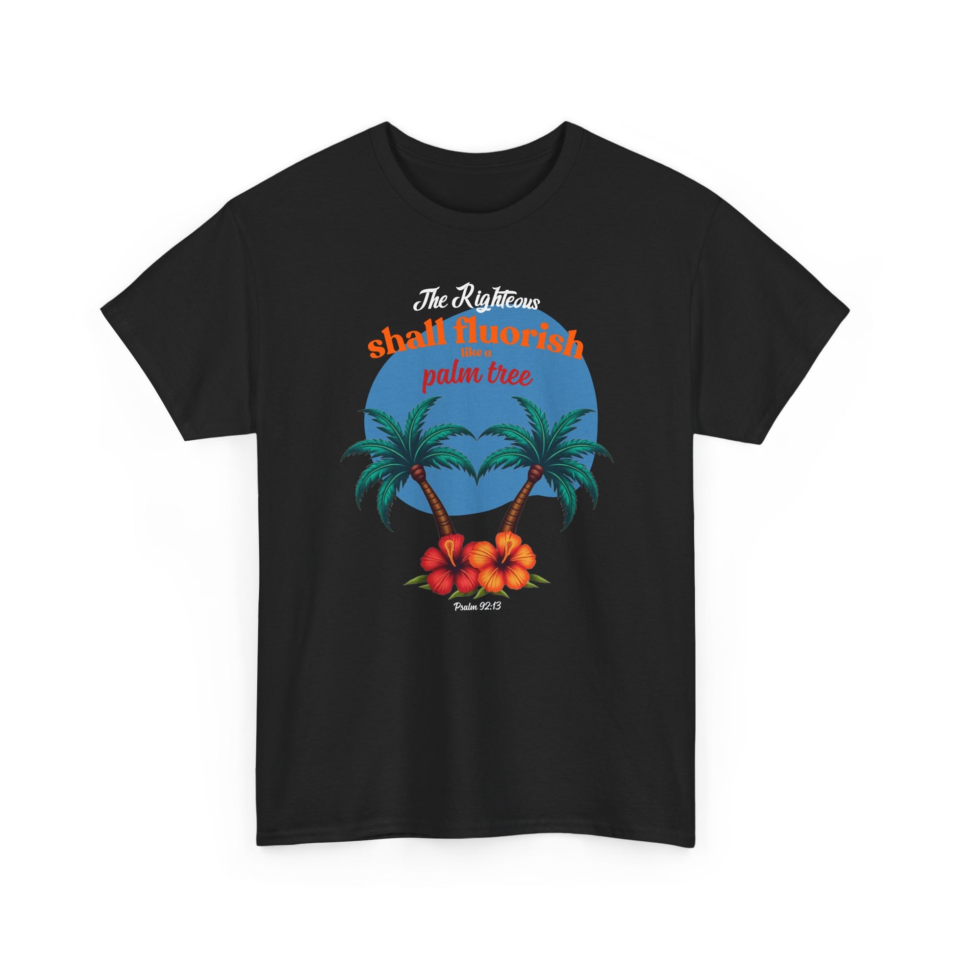 Classic Black palm tree faith shirt, Psalm 92:12 righteous flourish design, dark edition.