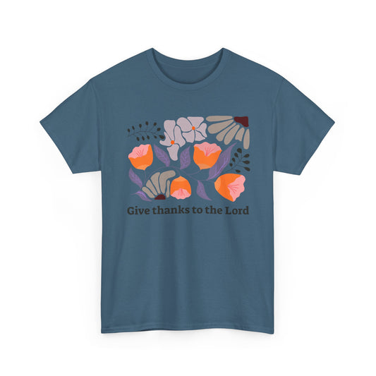 Classic Indigo Blue faith-based shirt, Gratitude Floral biblical graphic, Nagilabo modern apparel.
