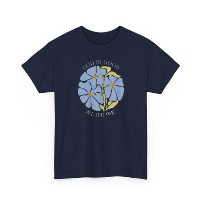 Classic Navy blue God is good all the time faith t-shirt, minimalist blue botanical design.
