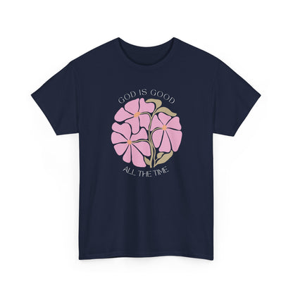 Classic Navy blue God is good all the time faith t-shirt, minimalist pink botanical design.