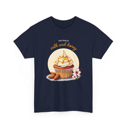 Classic Navy blue Milk and Honey Cupcake faith tee, minimalist biblical design, modern scripture-inspired clothing.