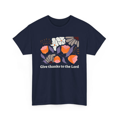 Classic Navy blue faith-based shirt, Gratitude Floral botanical design, modern scripture-inspired clothing.