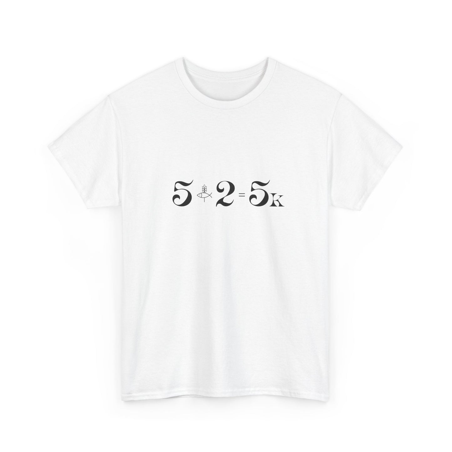 Clean White 5.2.5k miracle tee, minimalist illustration of 5 loaves and 2 fish for believers.