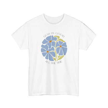 Clean White God is good all the time faith t-shirt, minimalist blue floral art for women.