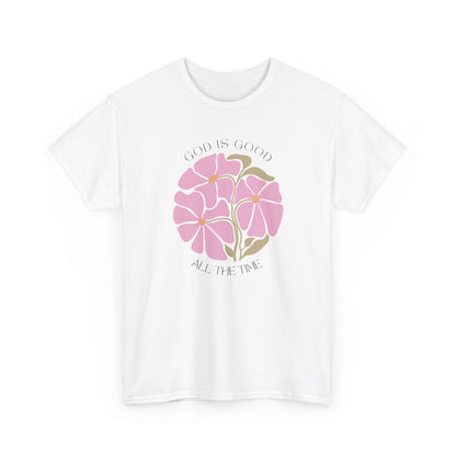 Clean White God is good all the time faith t-shirt, minimalist pink floral art for women.