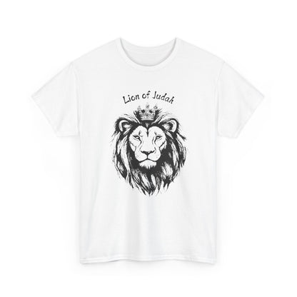 Clean White Lion of Judah faith t-shirt, minimalist biblical illustration for modern Christians.