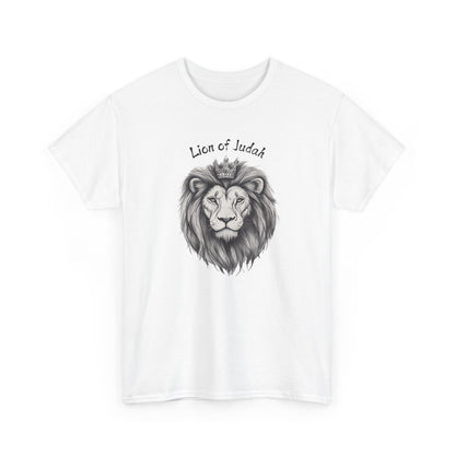Clean White Lion of Judah faith t-shirt, minimalist biblical illustration graphic tee.