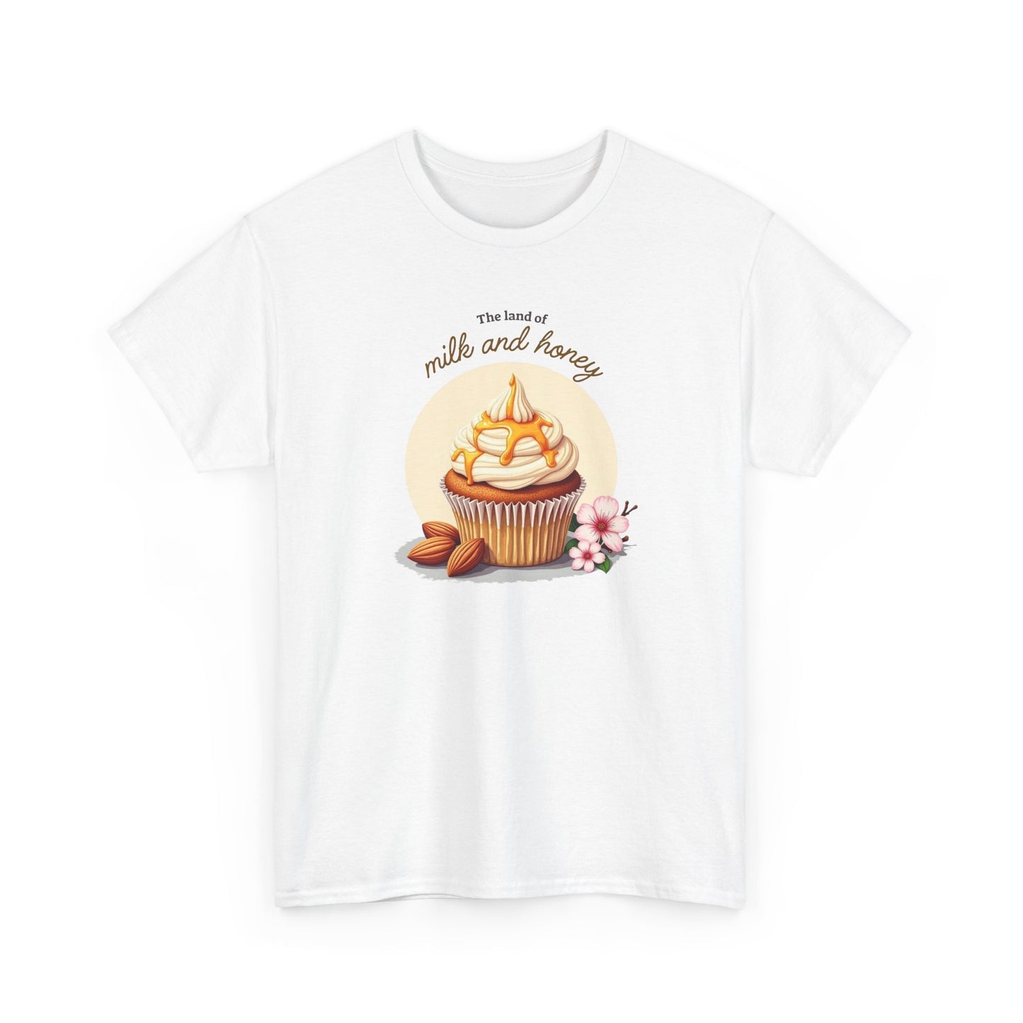 Clean White Milk and Honey Cupcake faith t-shirt, minimalist biblical illustration for women and girls.