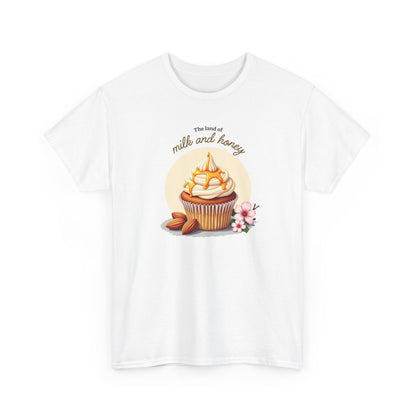Clean White Milk and Honey Cupcake faith t-shirt, minimalist biblical illustration for women and girls.