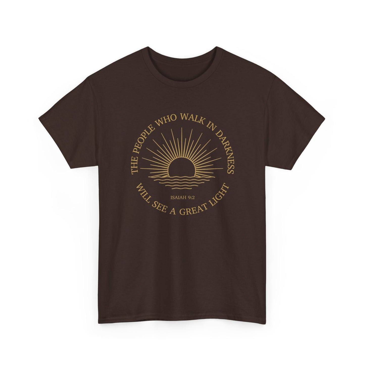 Dark Chocolate brown Sunrise shirt, biblical light minimalist illustration, Nagilabo style.