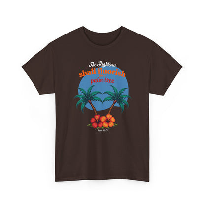 Dark Chocolate brown palm tree shirt, Psalm 92:12 flourish design, unique Christian gift.