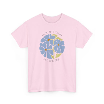 God is good all the time minimalist faith-based shirt in Light Pink, unique botanical gift for her.