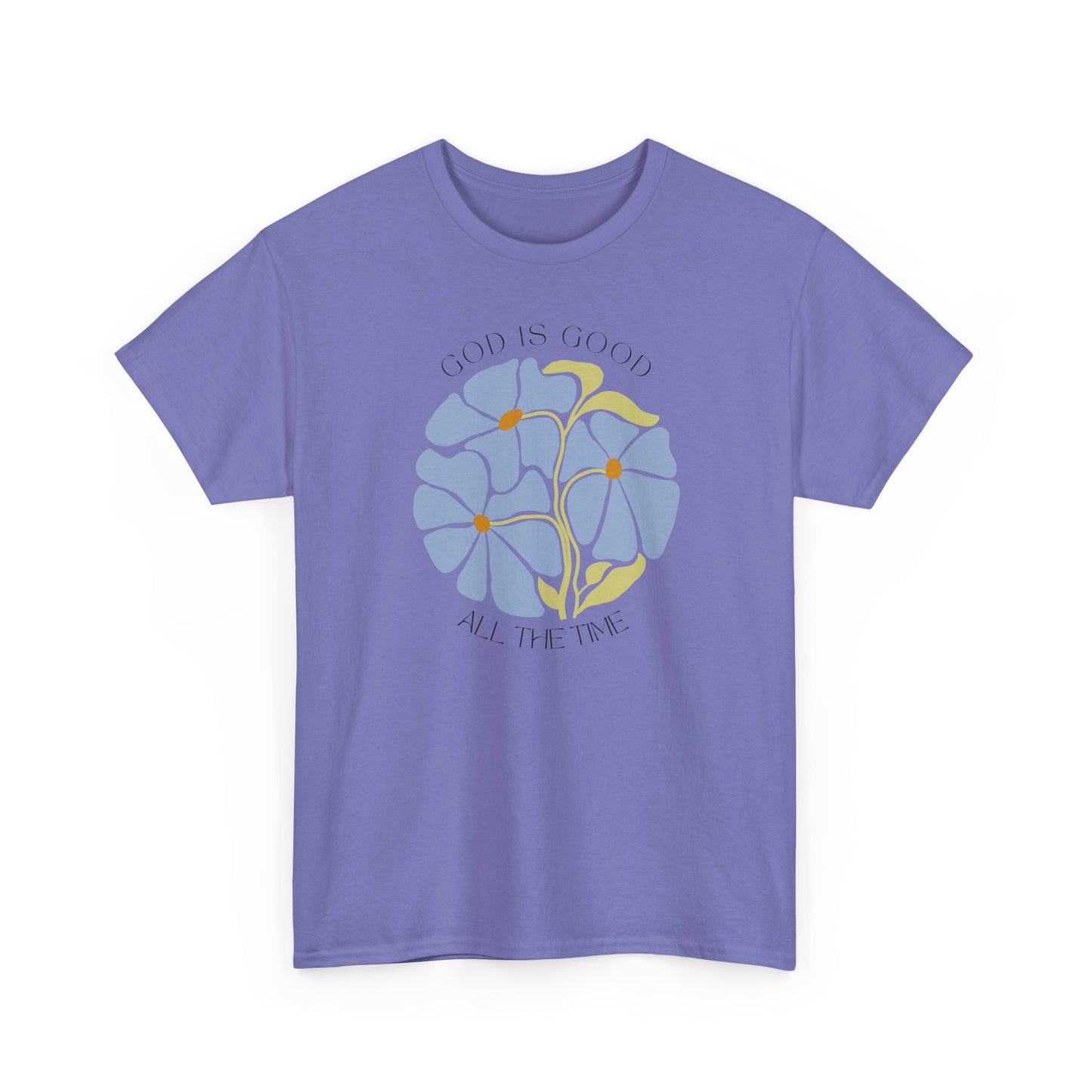 God is good all the time minimalist shirt in Violet, beautiful blue botanical graphic tee.