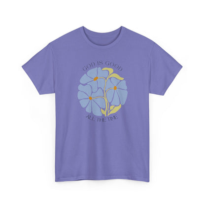 God is good all the time minimalist shirt in Violet, beautiful blue botanical graphic tee.