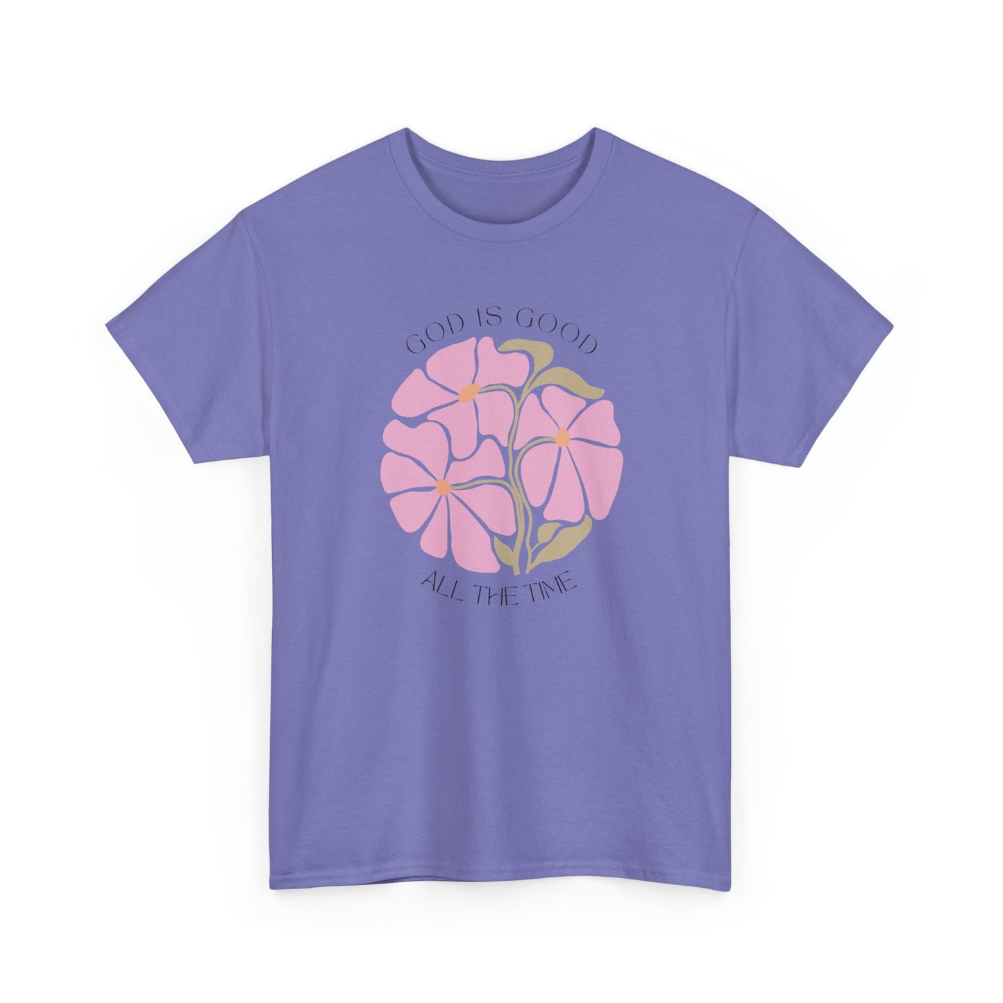 God is good all the time minimalist shirt in Violet, fresh pink botanical graphic tee.