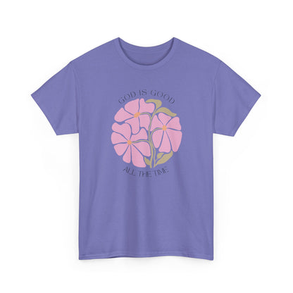 God is good all the time minimalist shirt in Violet, fresh pink botanical graphic tee.
