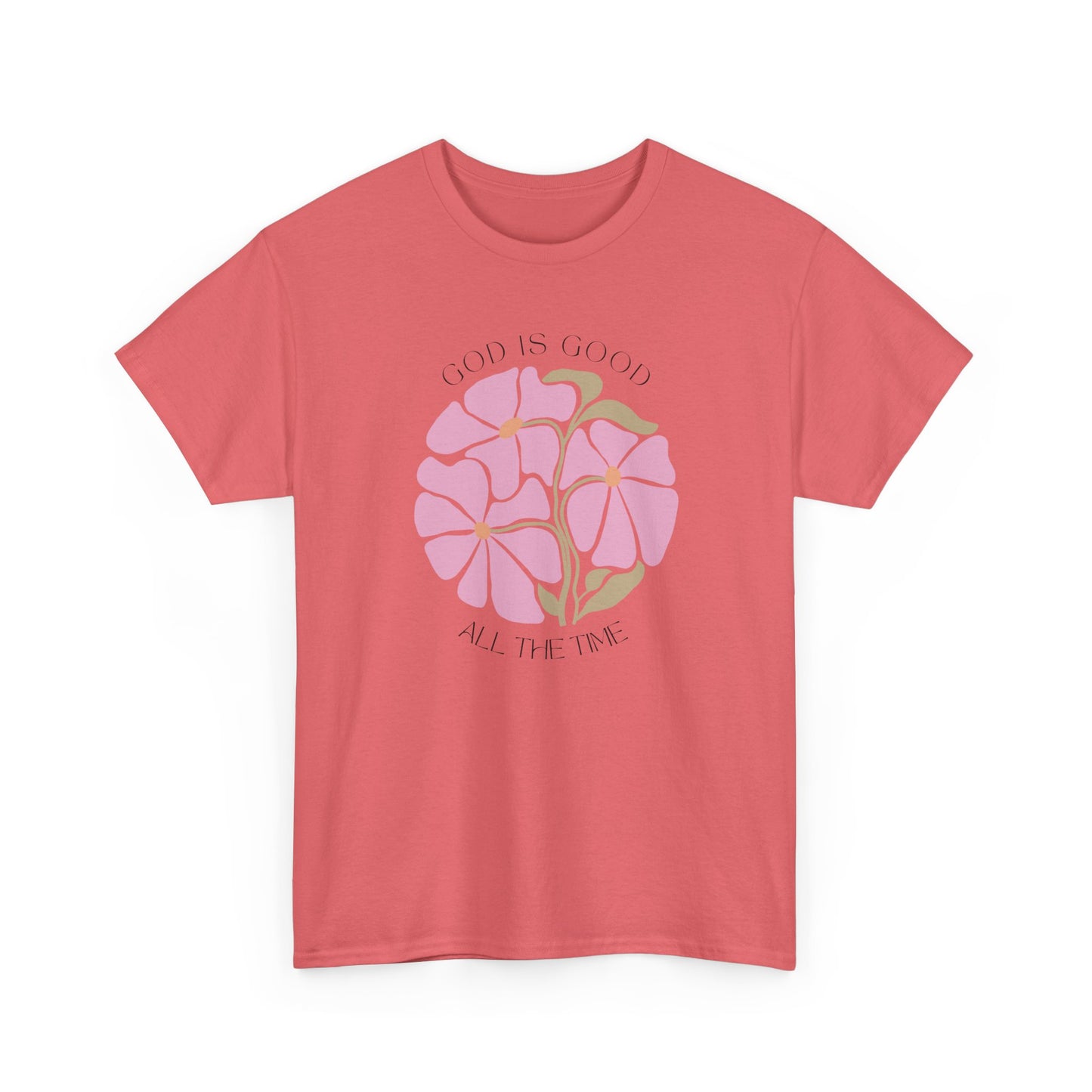 God is good minimalist design on a Coral silk t-shirt, unique pink floral inspirational gift.