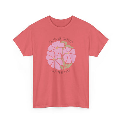 God is good minimalist design on a Coral silk t-shirt, unique pink floral inspirational gift.