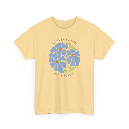 God is good minimalist design on a Yellow Haze t-shirt, unique inspirational gift from Israel.