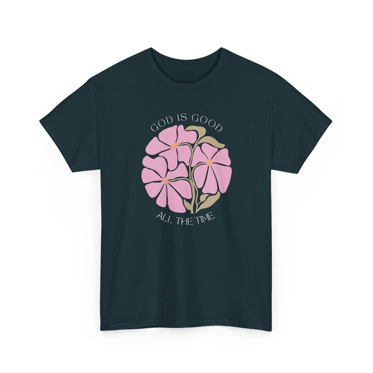 God is good minimalist shirt in Midnight blue, beautiful pink botanical illustration by Nagilabo.