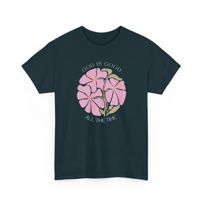God is good minimalist shirt in Midnight blue, beautiful pink botanical illustration by Nagilabo.