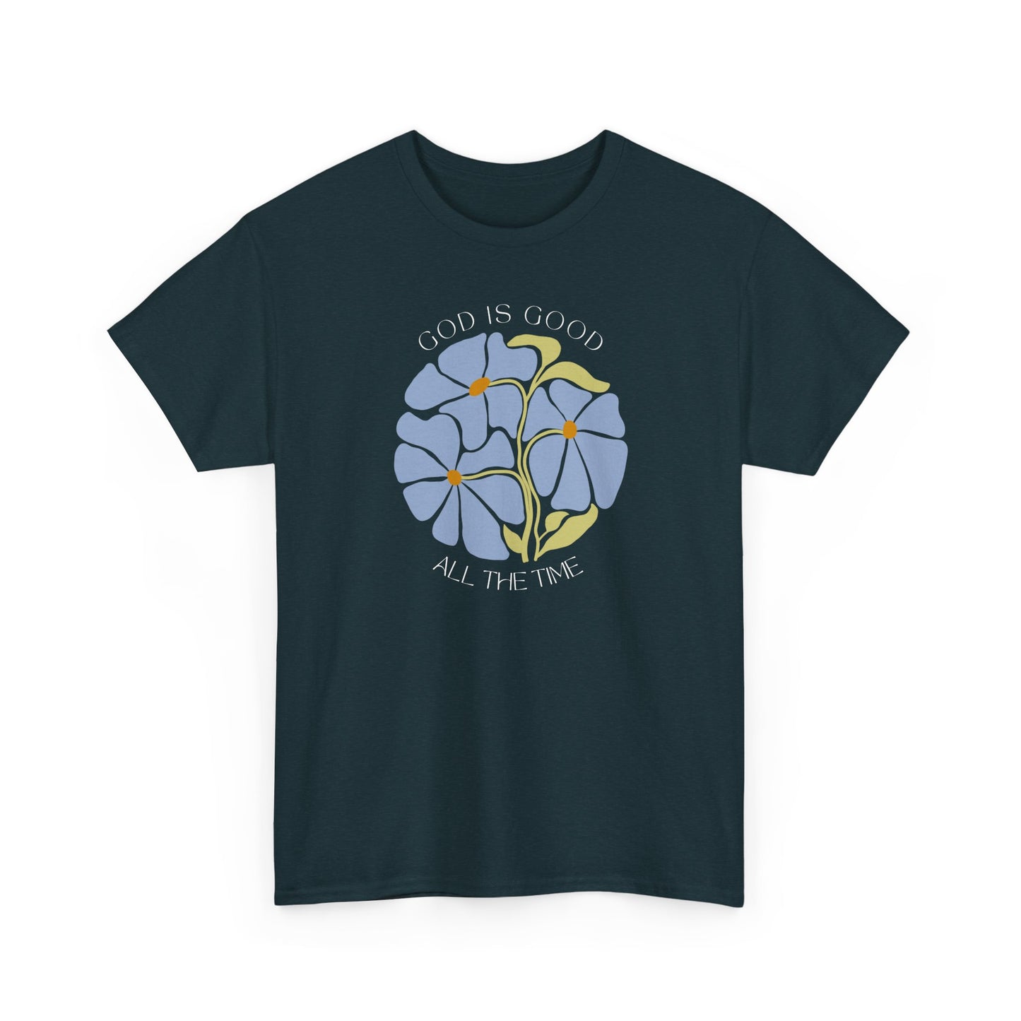 God is good minimalist shirt in Midnight blue, modern blue botanical illustration.