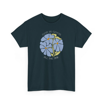 God is good minimalist shirt in Midnight blue, modern blue botanical illustration.