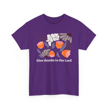 Gratitude Floral minimalist design on a Purple t-shirt, Give Thanks to the Lord scripture graphic tee.