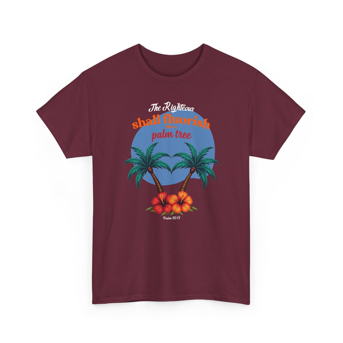 Maroon red palm tree faith tee, Psalm 92:12 scripture design, modern minimalist clothing.