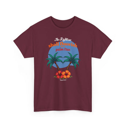 Maroon red palm tree faith tee, Psalm 92:12 scripture design, modern minimalist clothing.