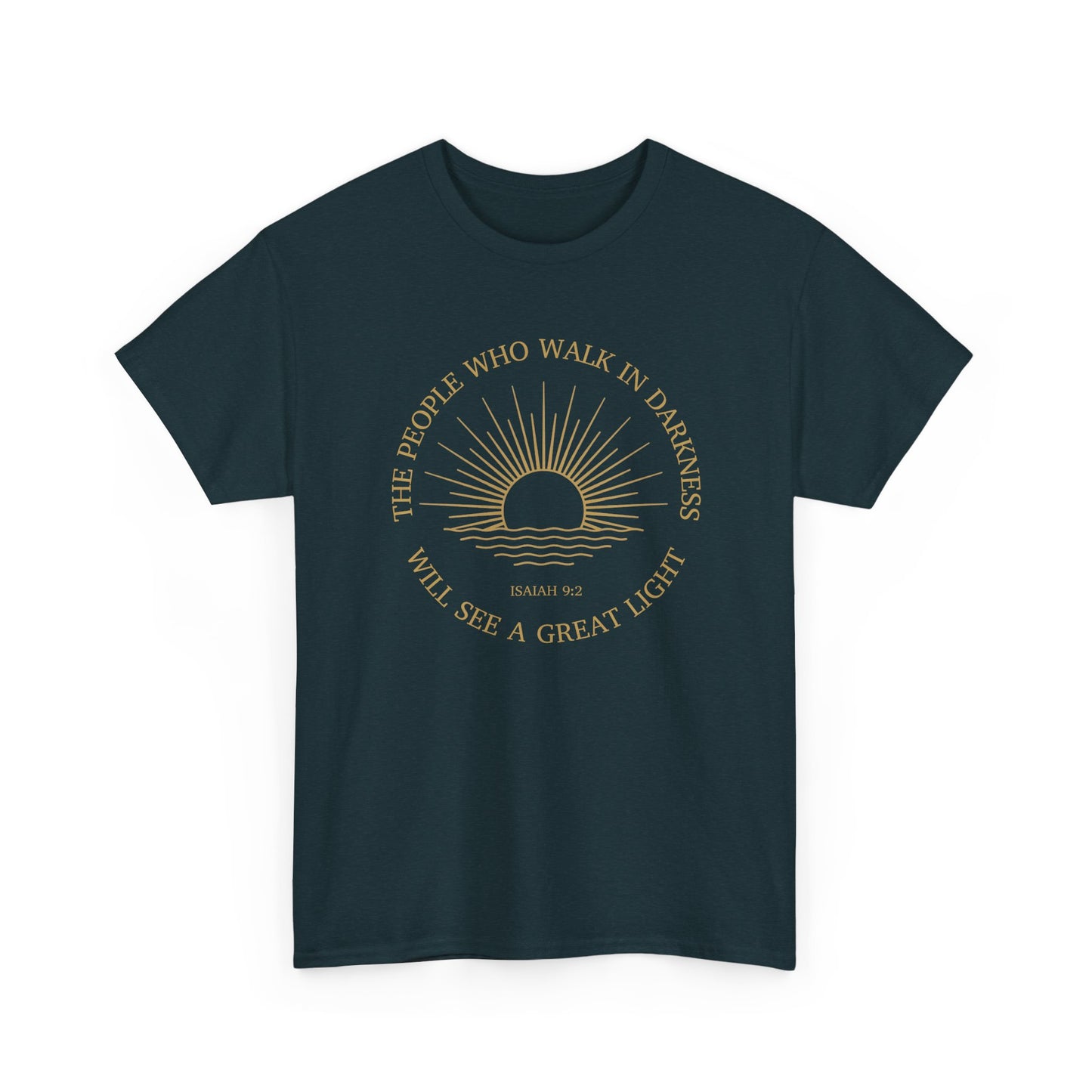 Midnight blue Sunrise faith shirt, Isaiah 9:2 great light design, minimalist Christian apparel.