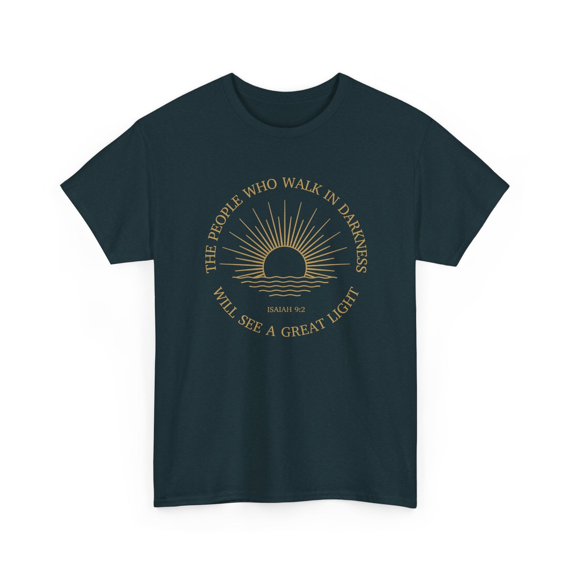 Midnight blue Sunrise faith shirt, Isaiah 9:2 great light design, minimalist Christian apparel.