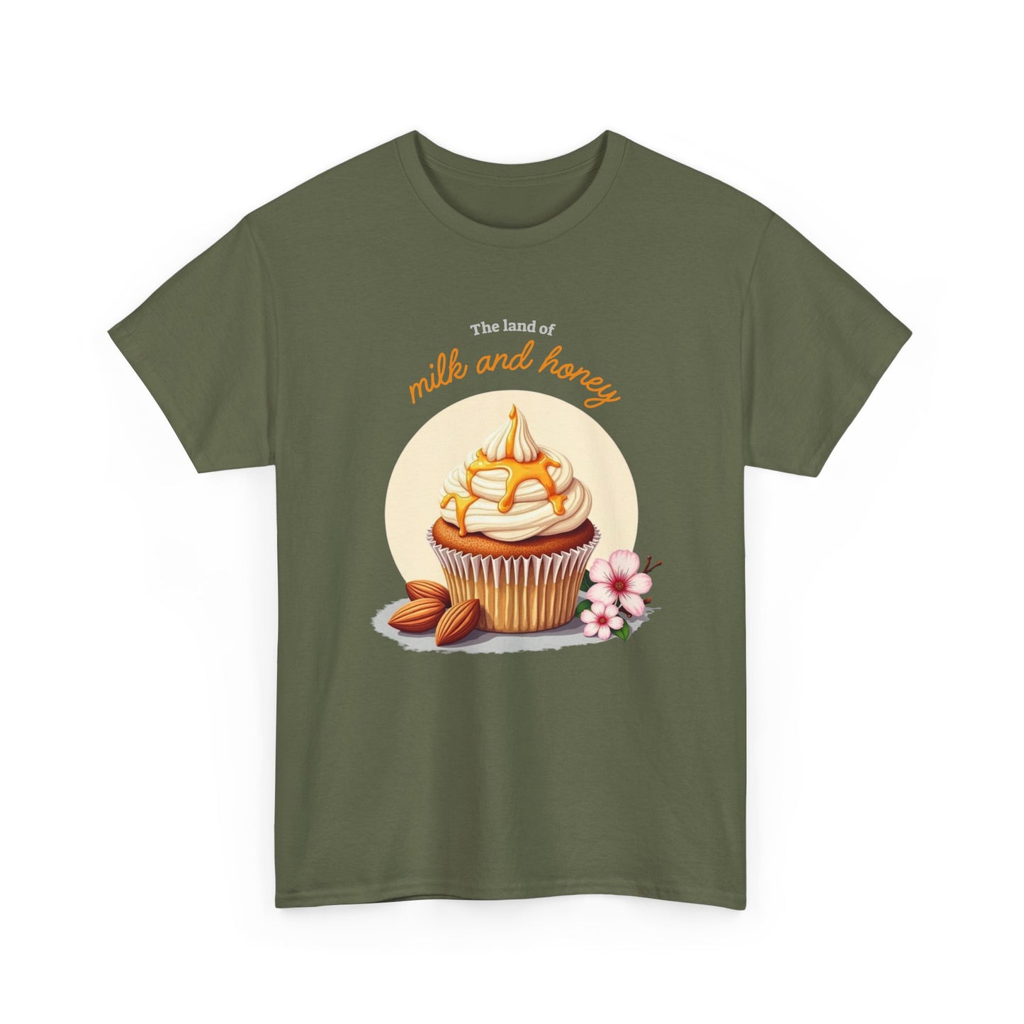 Military Green Milk and Honey Cupcake minimalist shirt, rugged biblical inspiration design, unique faith gift.