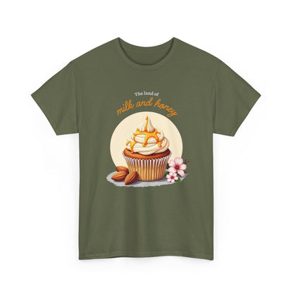 Military Green Milk and Honey Cupcake minimalist shirt, rugged biblical inspiration design, unique faith gift.