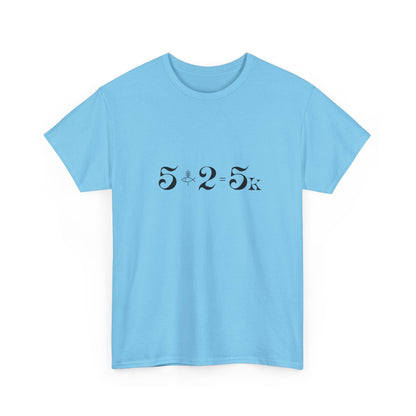Minimalist 5+2=5K miracle equation typography on a sky blue t-shirt representing Jesus feeding the five thousand