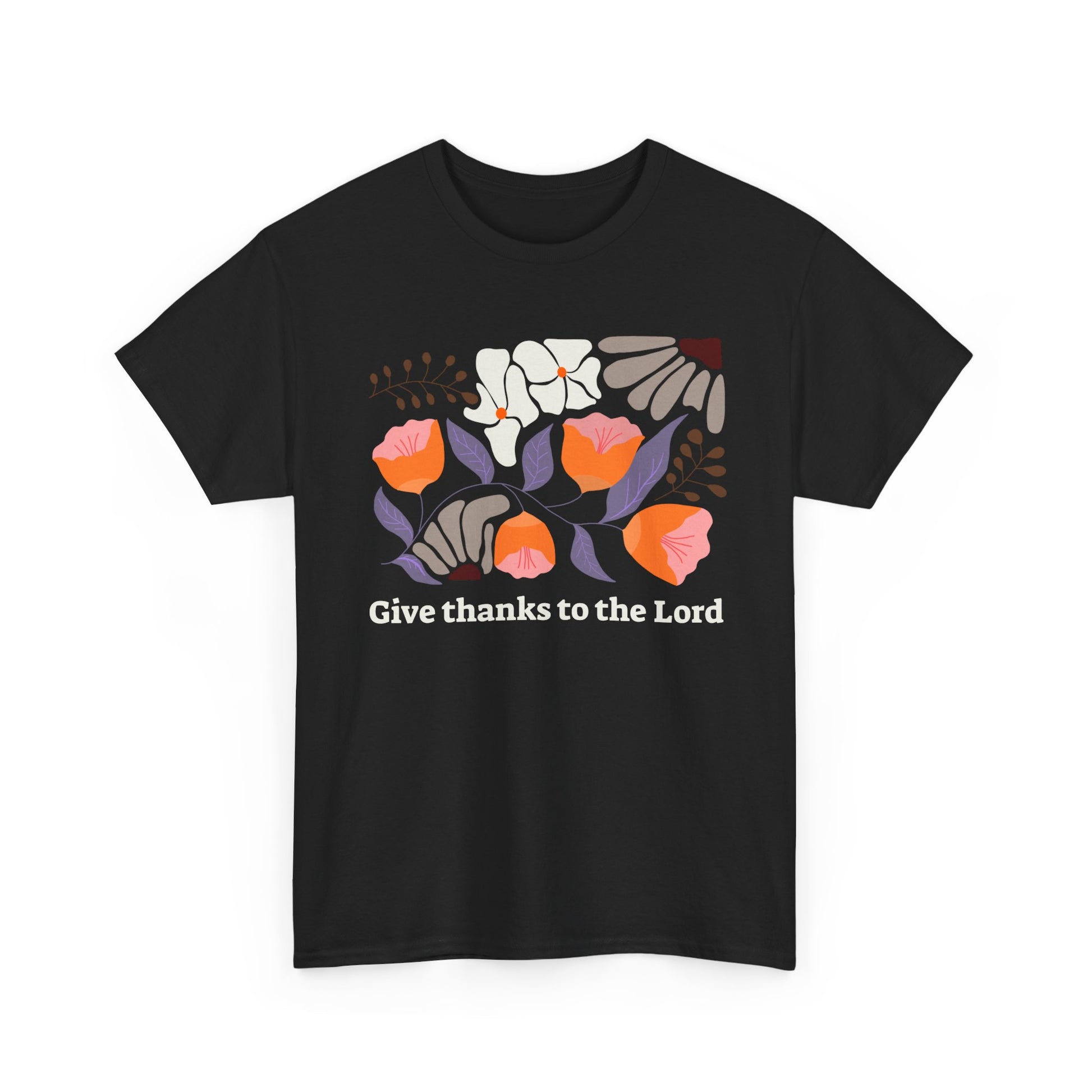 Minimalist Black Christian t-shirt with Gratitude Floral design, Give Thanks to the Lord biblical graphic tee.