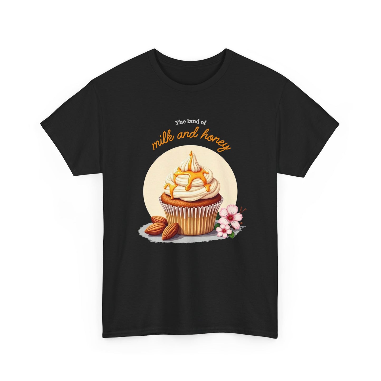 Minimalist Black Christian t-shirt with Milk and Honey Cupcake design, modern biblical illustration for believers.