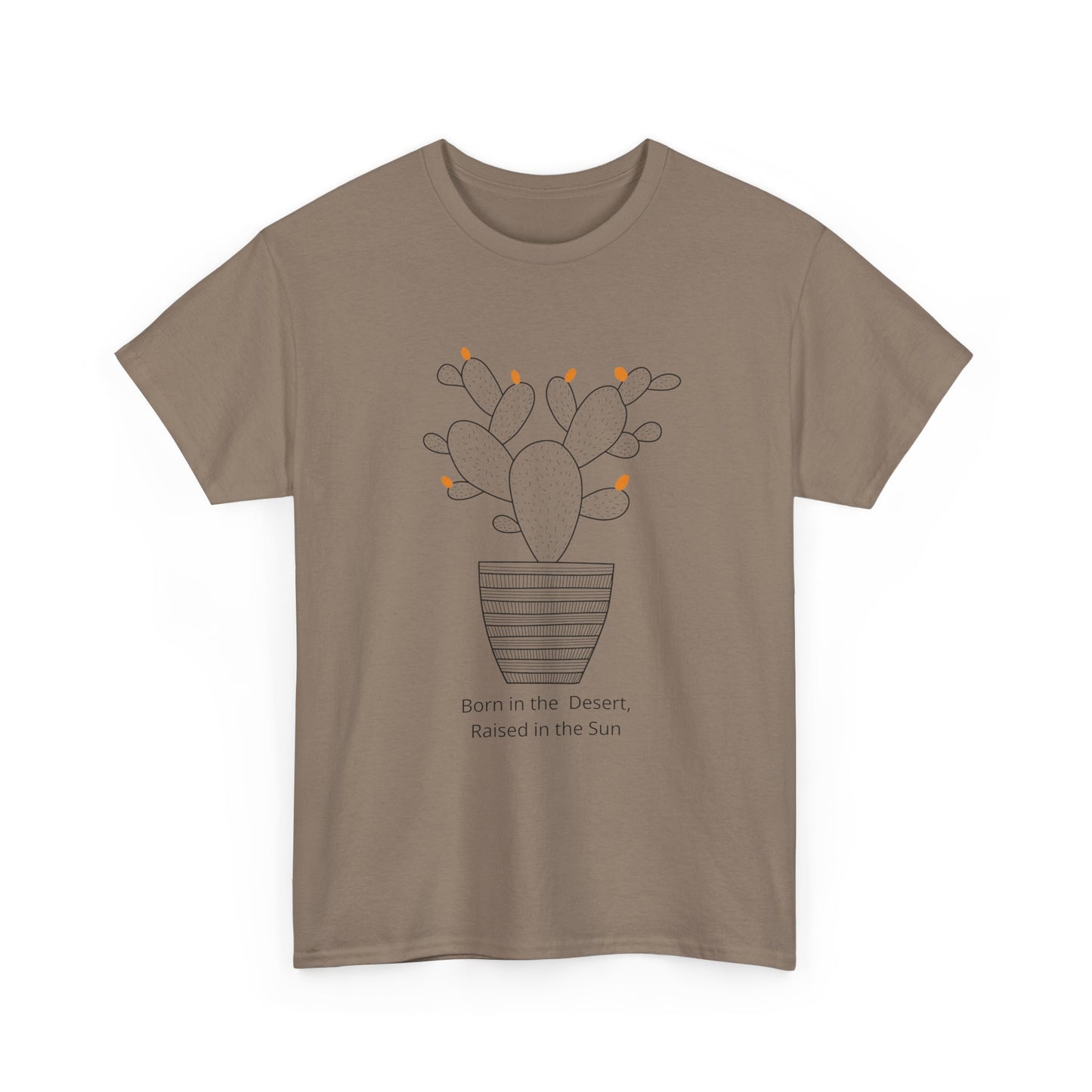 Minimalist Brown Savana Christian t-shirt with Cactus Pot design, Born in the Desert graphic tee.