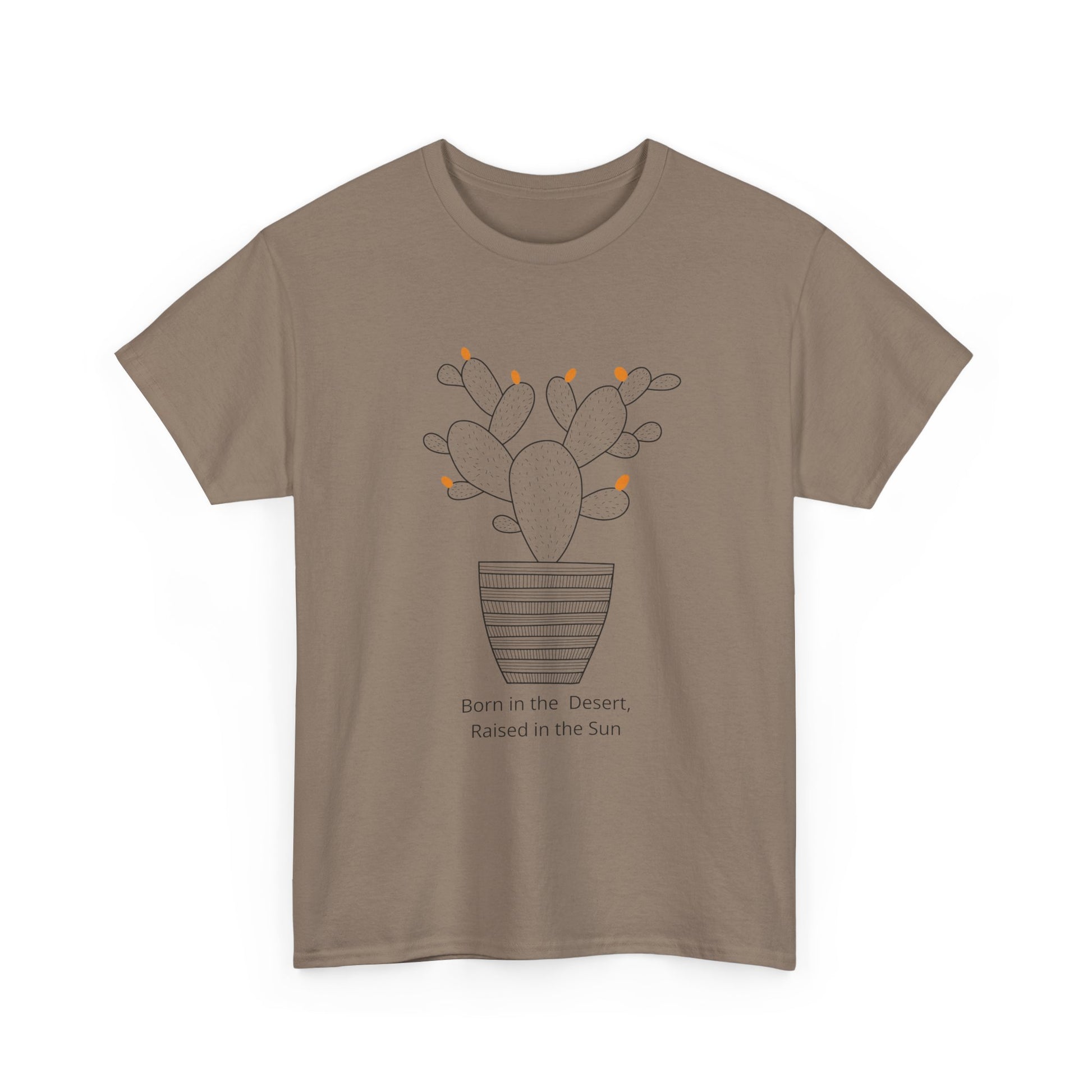 Minimalist Brown Savana Christian t-shirt with Cactus Pot design, Born in the Desert graphic tee.