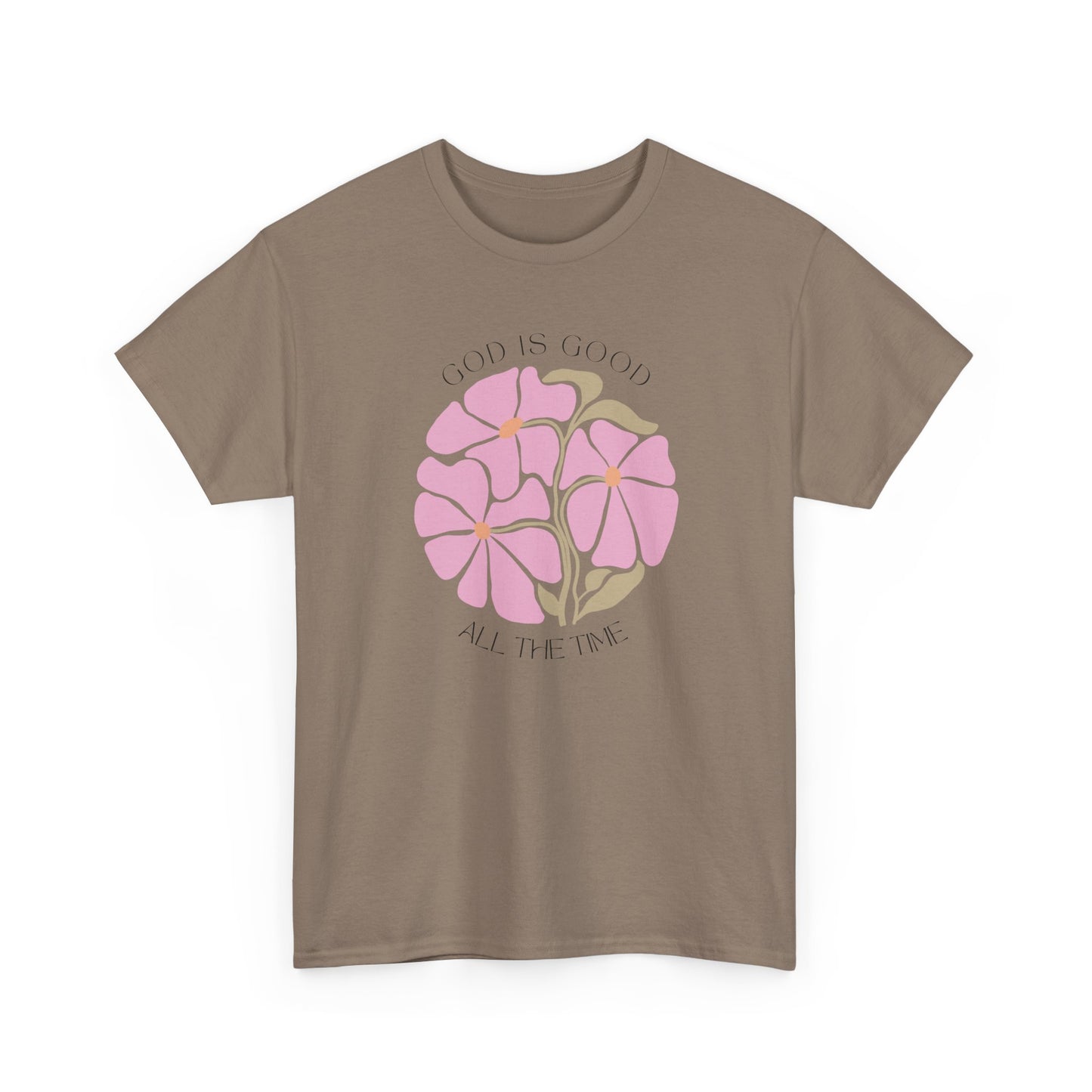 Minimalist Brown Savana t-shirt, God is good all the time pink floral design, modern faith apparel.