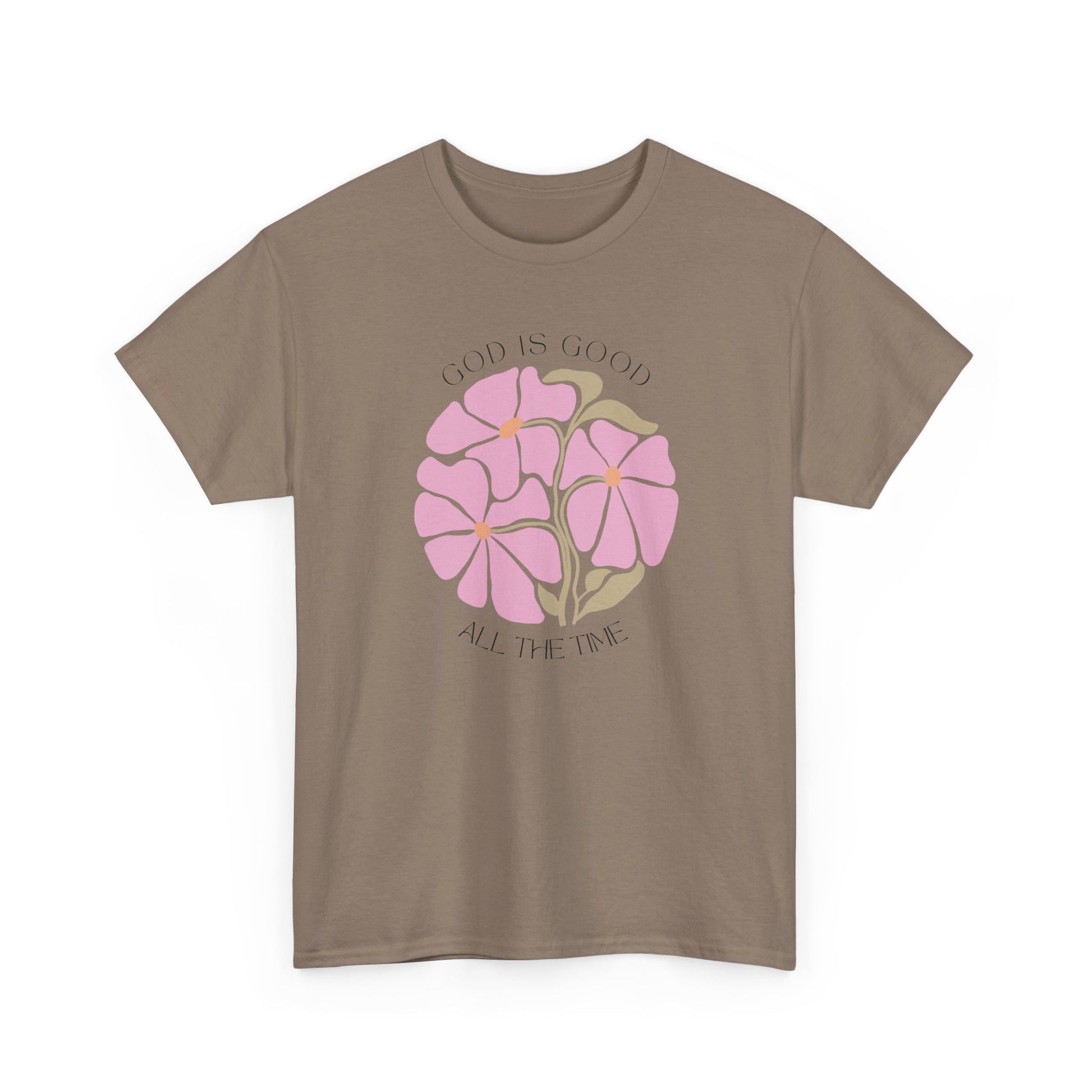 Minimalist Brown Savana t-shirt, God is good all the time pink floral design, modern faith apparel.