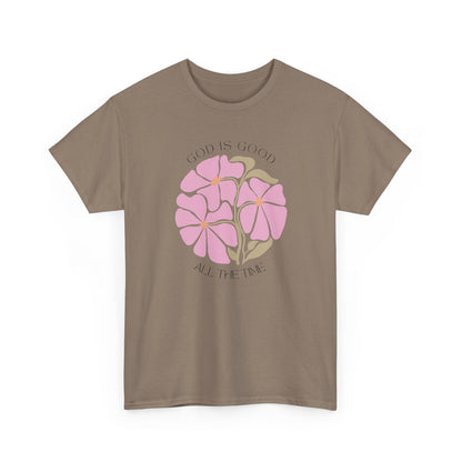 Minimalist Brown Savana t-shirt, God is good all the time pink floral design, modern faith apparel.