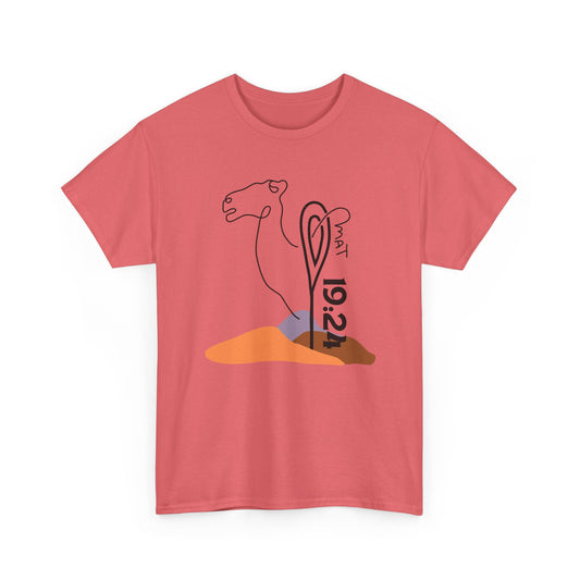 Minimalist Coral Silk Christian t-shirt featuring The Camel and the Needle line art design.